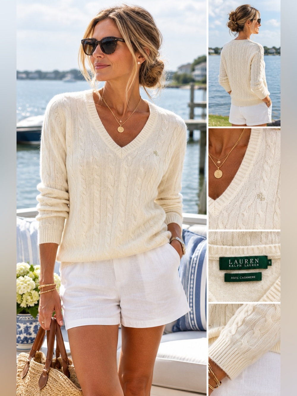 Vintage Ralph Lauren pure cashmere cream light tan V-neck Sweater